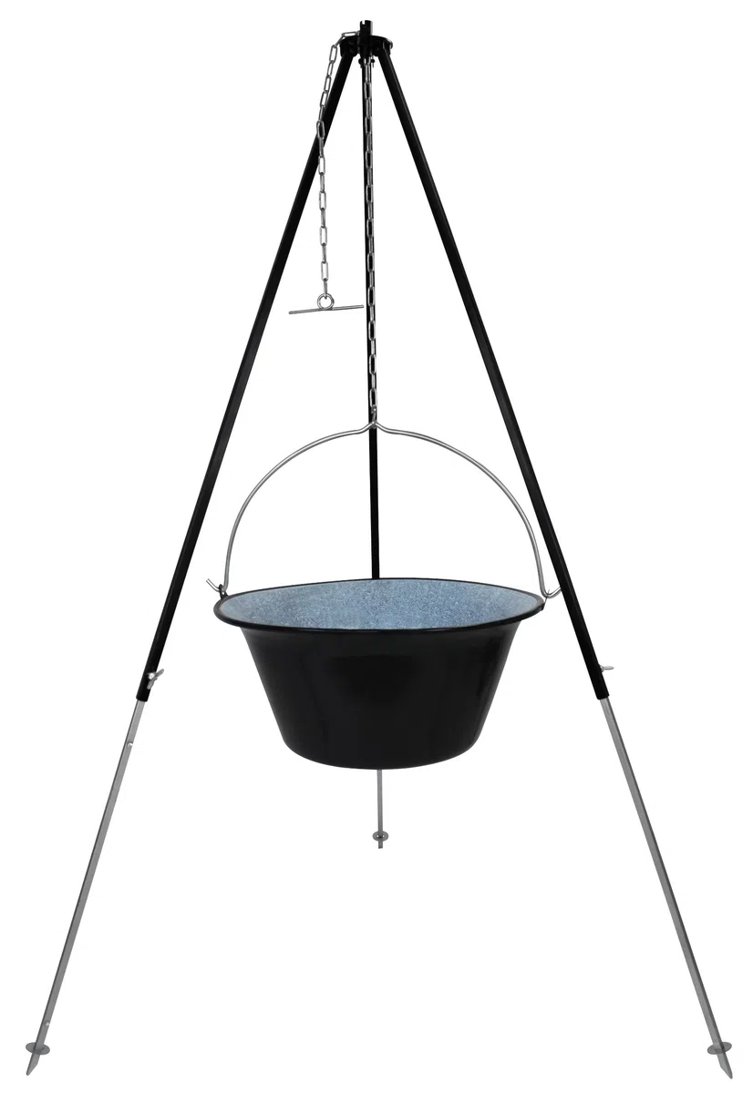 GRILLPLANET Ungarischer Gulaschkessel 30 Liter emailliert Gulasch-Topf, Feuertopf, Kochkessel Set mit Dreibein-Gestell 180 cm für Kesselgulasch | Auch als Glühwein-Kessel und Suppentopf einsetzbar