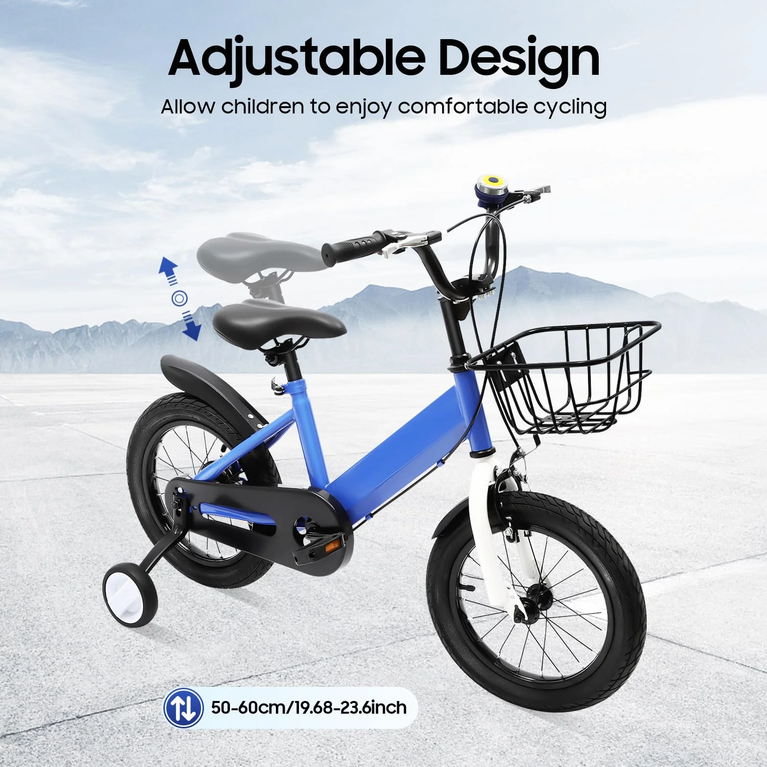 Kinderfahrrad 14 Zoll, Kinderfahrrad ab 3 Jahre, Kinder Fahrrad mit Doppelbremse, 35kg Tragkraft und Sitz Verstellbar, Korb und Stützräder, Kinderfahrrad für Jungen und Mädchen (Blau)