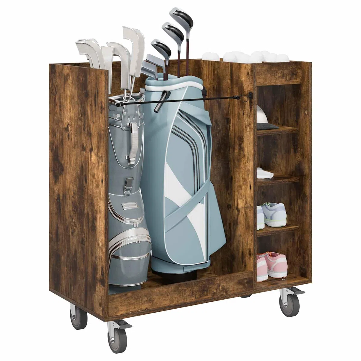 Gecheer Golfschrank mit Rädern, Aufbewahrungsschrank für Golfzubehör, 90 x 45 x 98 cm, Holz in geräucherter Eiche, freistehende Regale mit Metallrückwand für Garage oder Wohnraum