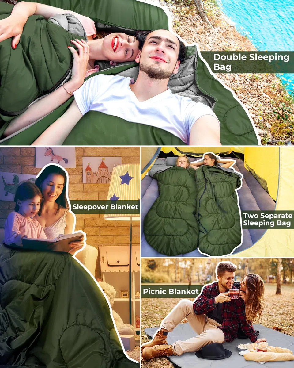Ohuhu Doppelschlafsack, Schlafsack 2 Personen 220x150cm Schlafsack Outdoor mit 2 Kissen Deckenschlafsack für Camping, Wandern, Familie & Festival