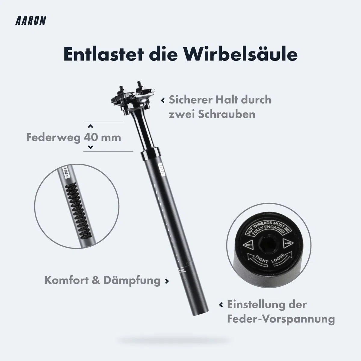 AARON Shock Federsattelstütze mit 27,2, 30,9 oder 31,6 mm Durchmesser - Gefederte Aluminium Sattelstütze mit 350mm Länge - Fahrrad Sattelstütze gefedert für E-Bike, MTB, Downhill, Trekking Citybike