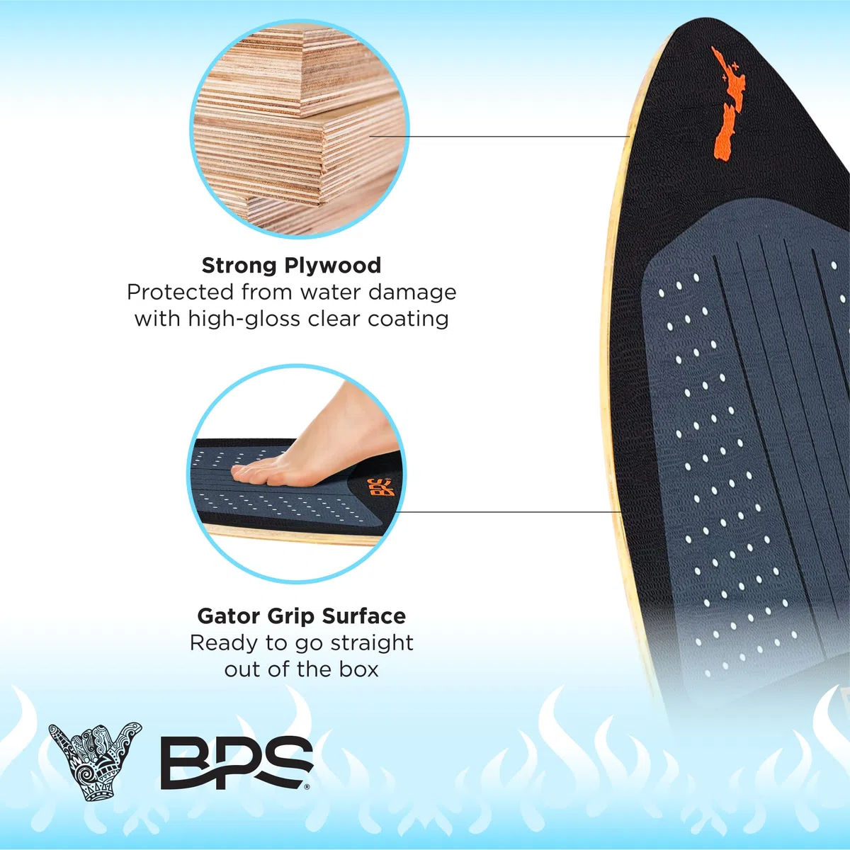 BPS New Zealand 'Flame' – Hochleistungs-Skimboard aus Holz mit maßgeschneiderten Traktionspads – mit optionaler gepolsterter Tragetasche aus recyceltem Kunststoff – für Kinder oder Erwachsene, wählen