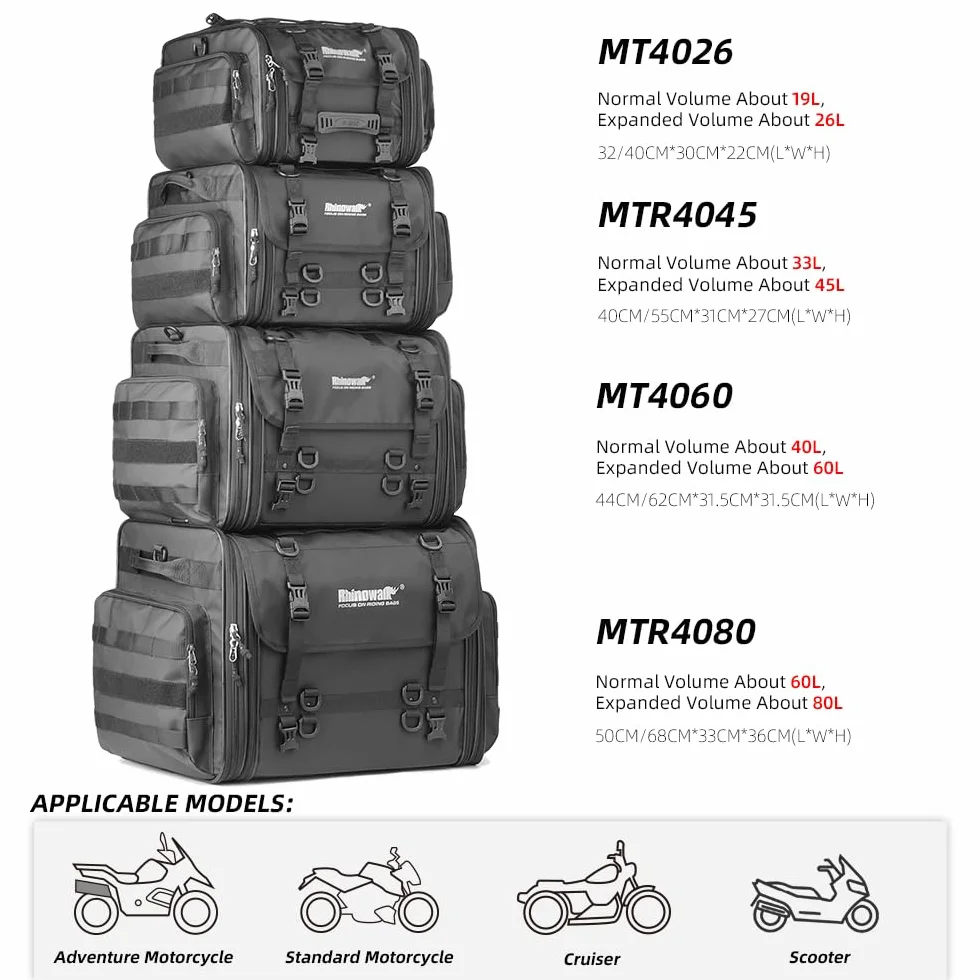 Rhinowalk Erweiterbare Motorrad-Hecktasche – Wasserdicht 60-80L | Robust und Vielseitig für Touring- und Straßenmotorräder