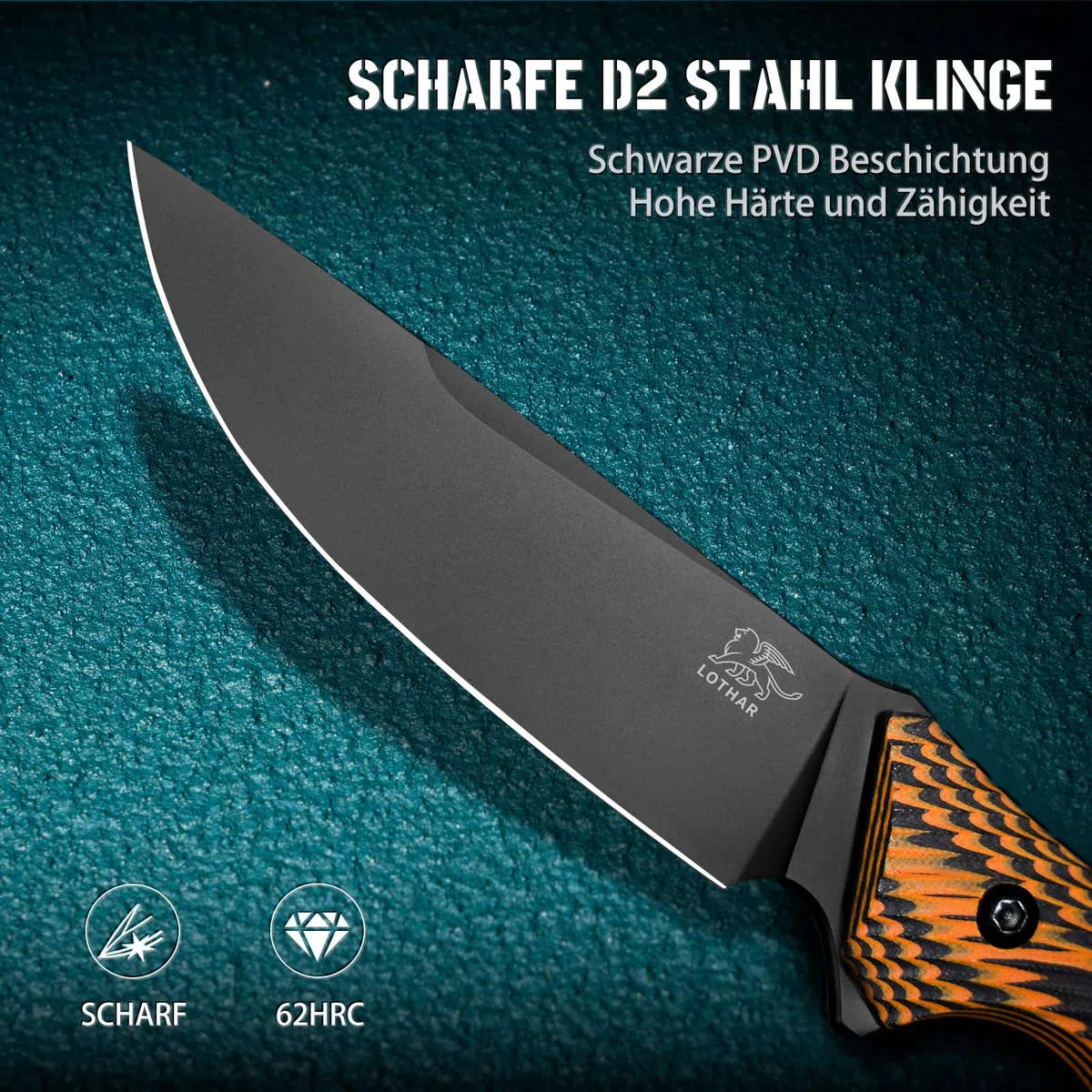LOTHAR FOX Jagdmesser aus D2 Stahl, Outdoor Messer mit G10 Griff, Full Tang, Zweifarbiges Outdoor Messer Survival, Fahrtenmesser, für Outdoor Liebhaber und Abenteuer