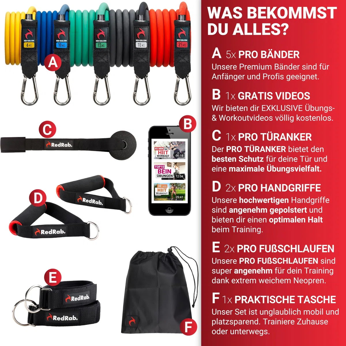 RED RAB Tubes Fitnessbänder Set mit Griff - Resistance Bands für Widerstandsbänder Krafttraining Zuhause - Expander Fitness Bänder, Gummiband Sport, Trainingsbänder, Sportbänder, Home Gym Equipment