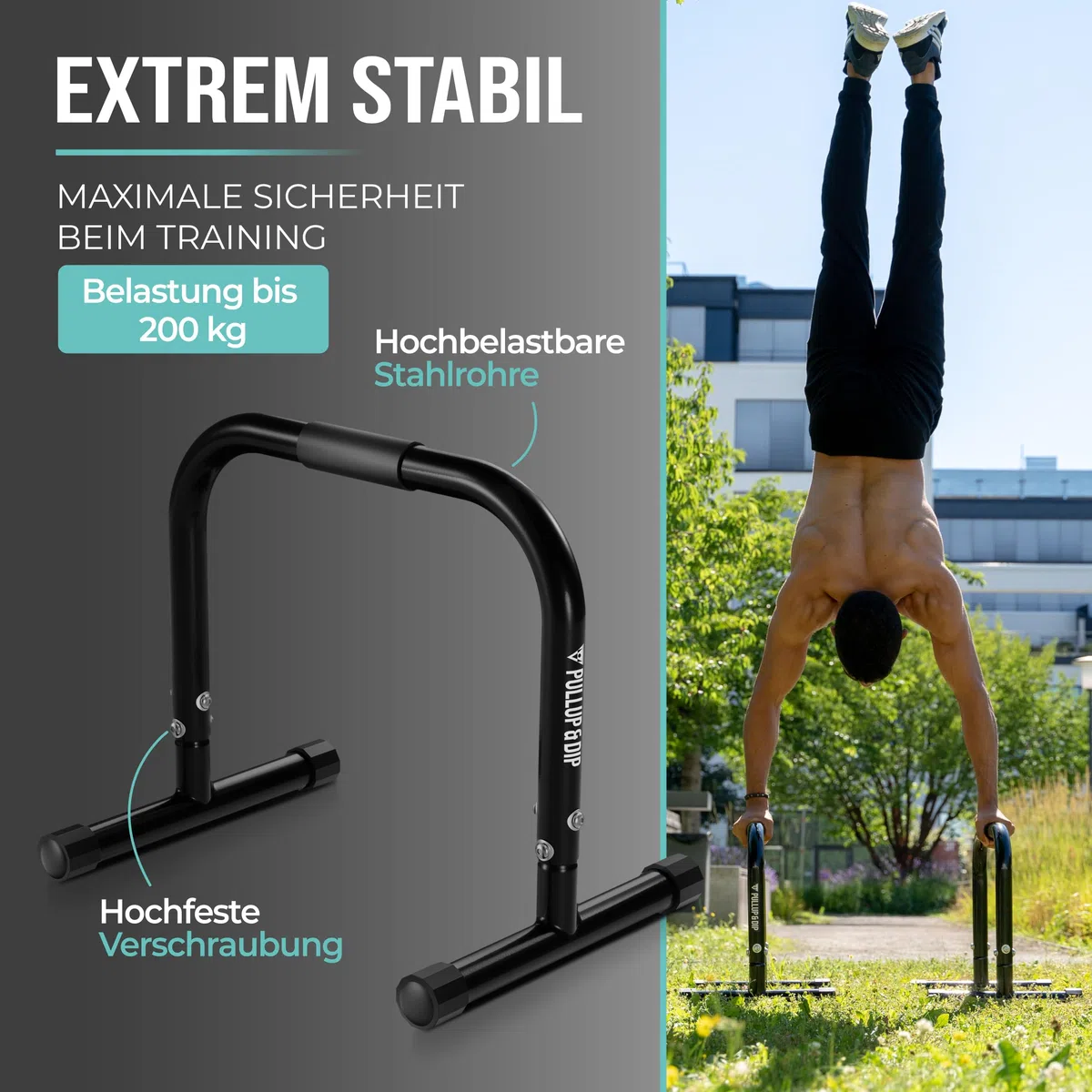 PULLUP & DIP Fitness Parallettes, Medium Minibarren aus Stahl, Handstand Barren mit extra breitem Griff für Calisthenics, Gymnastik und Turnen, In- und Outdoor
