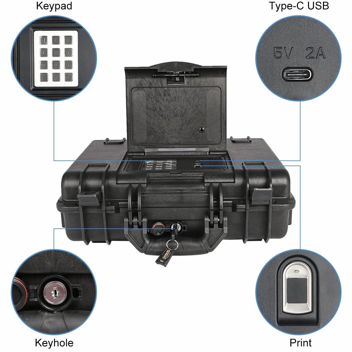 Qisan Waffentresore für Pistolen Tragbare Safe LockBox, Wasserdicht Sicherheitsbox Anti Diebstahl，Safe LockBox mit Schlüsselschloss und digitalem Passwort，Stahldr，mit Kabel