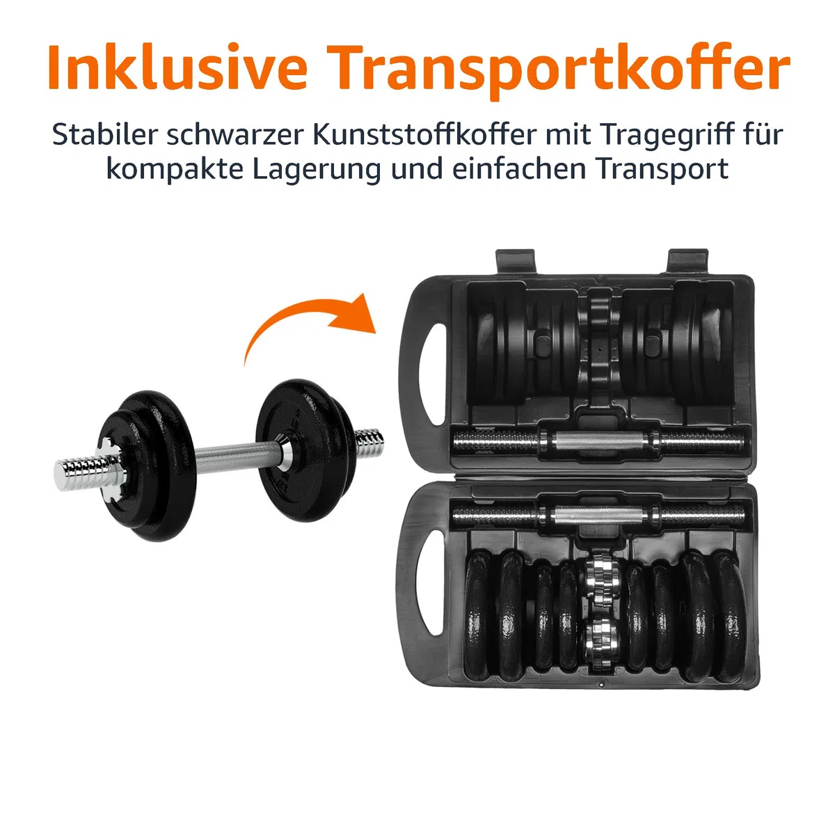 Amazon Basics – Gewichthebe-Set mit Hanteln und Gewichten, individuell konfigurierbar, mit Koffer, 17.2 kg (38 lbs), Schwarz