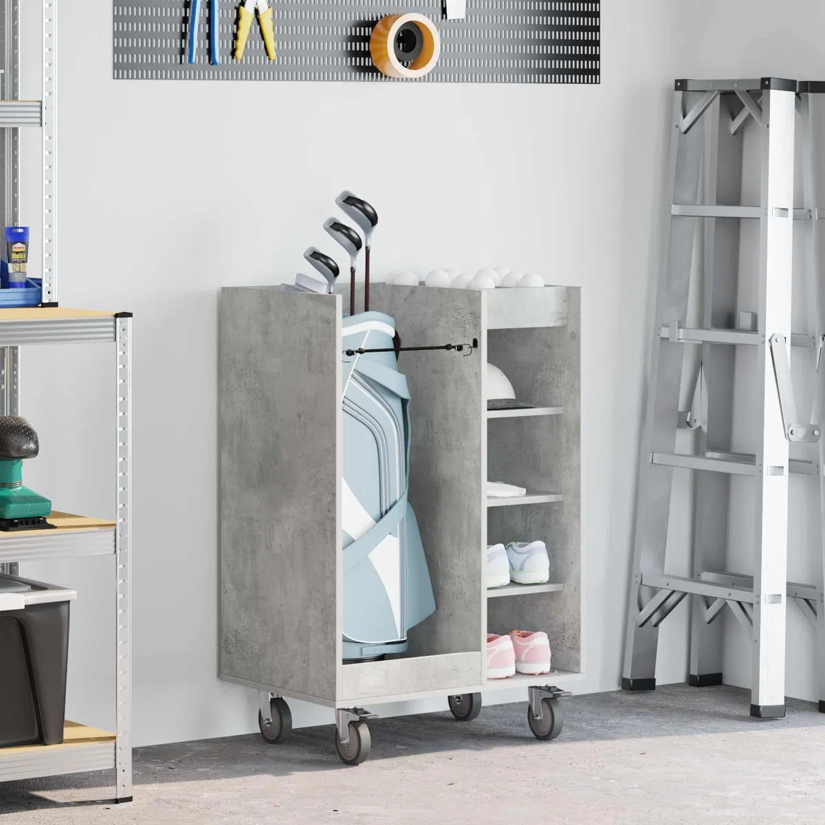 Gecheer Golfschrank mit Rädern, Aufbewahrungsschrank für Golfzubehör, 65 x 45 x 98 cm, Holzschrank mit Metallrückwand, freistehende Regale, für Garage oder Wohnraum
