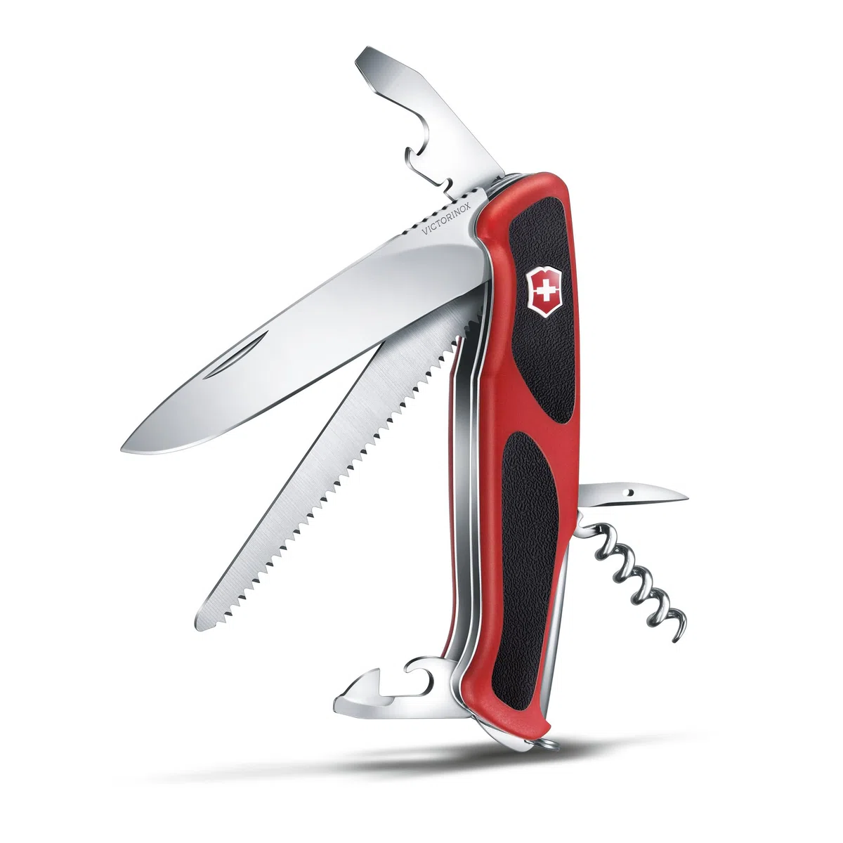 Victorinox Schweizer Taschenmesser, Ranger 55, Swiss Army Knife, Multitool, 12 Funktionen, Einhand-Feststellklinge, Dosenöffner, Rot/Schwarz