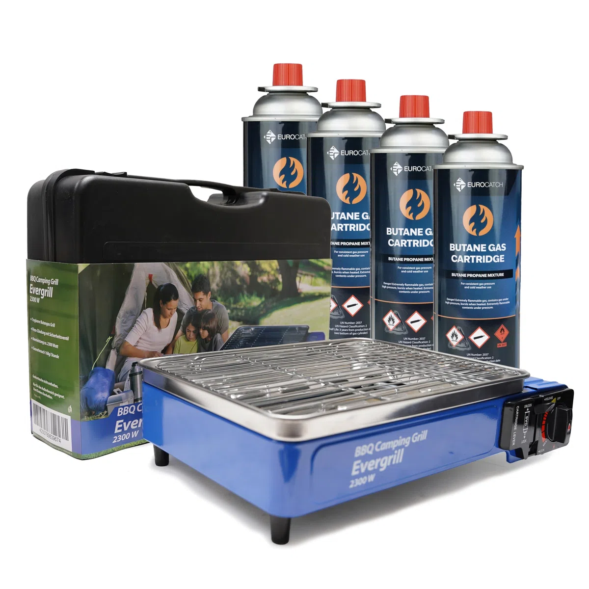 Butangas Camping Grill Evergrill - Inkl. 4 Gaskartuschen - Gasgrill - Campingkocher - Tischgrill - Tischgrill - Notfallpaket