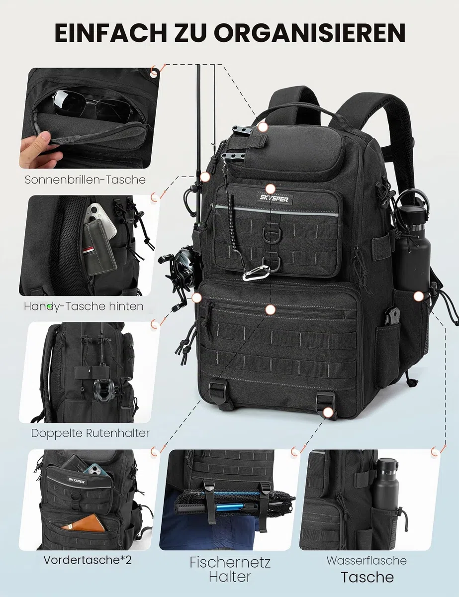 SKYSPER Angelrucksack mit Rutenhalter, 40-Liter Angeln Rucksack mit Verstellbarem Fach für Angeln