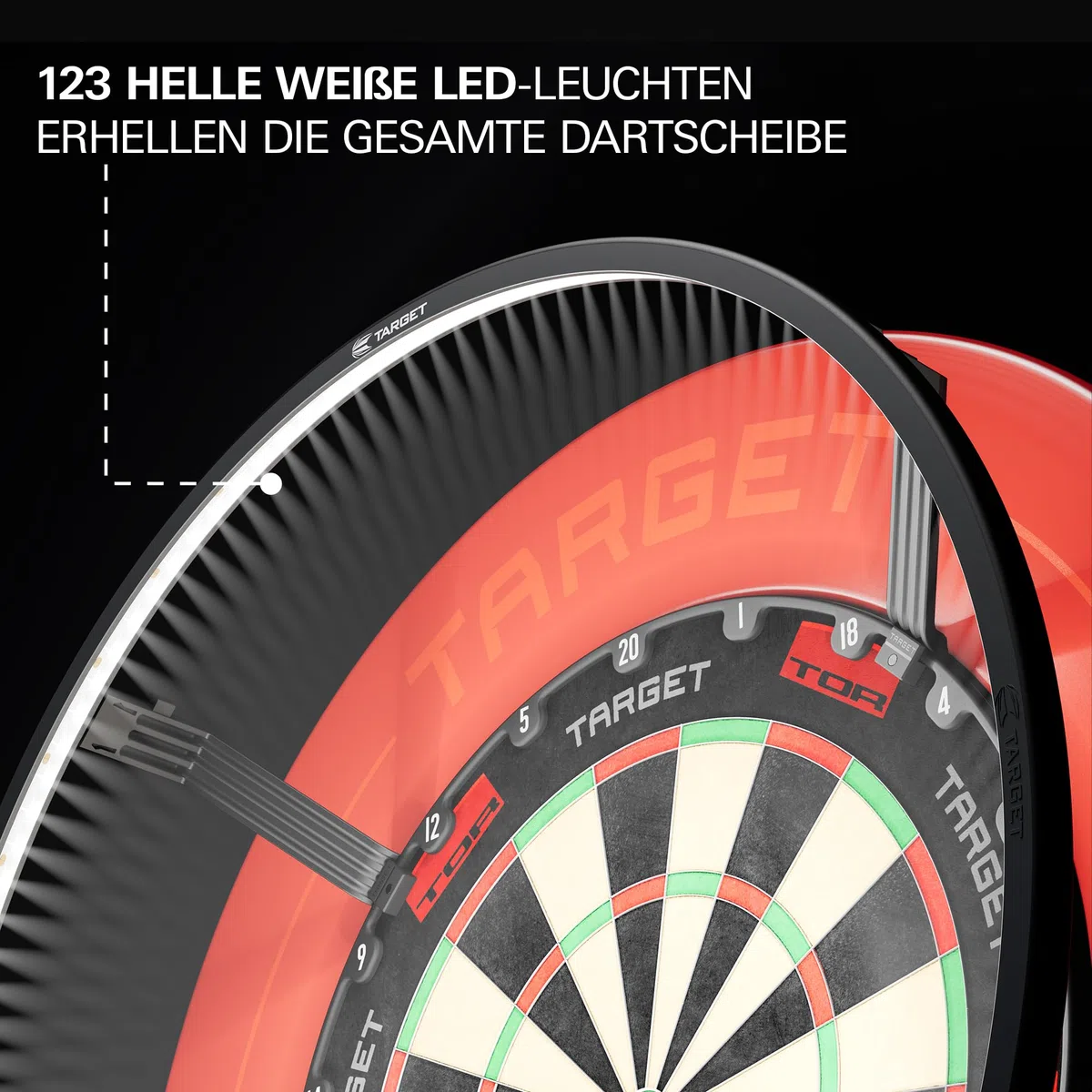 Target Darts Corona Vision Dartboard Lighting System, Schwarzer Rahmen | Weißes LED Dart Board Surround Ringlicht mit magnetischen Füßen | Schatten eliminierendes Dartboard Licht | Professionelle Dart