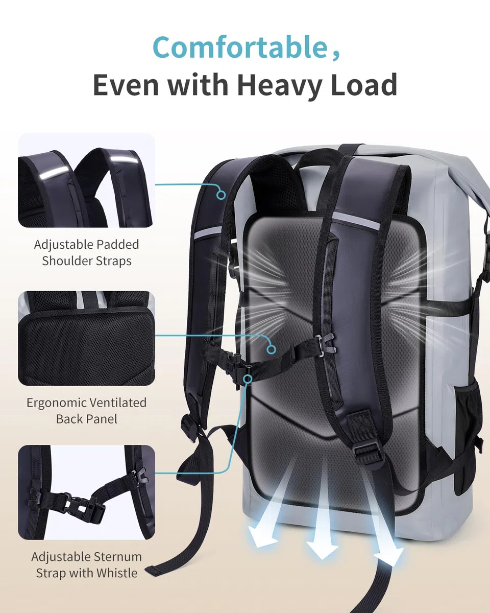 ECOHUB Wasserdichter Rucksack, Rolltop mit IPX8 Handyhülle & Atmungsaktive Rückenpolsterung, Dry Bag für Kajak, Bootfahren, Wandern, Camping, Angeln, Rafting, Lieferfahrer, 30L, Grau