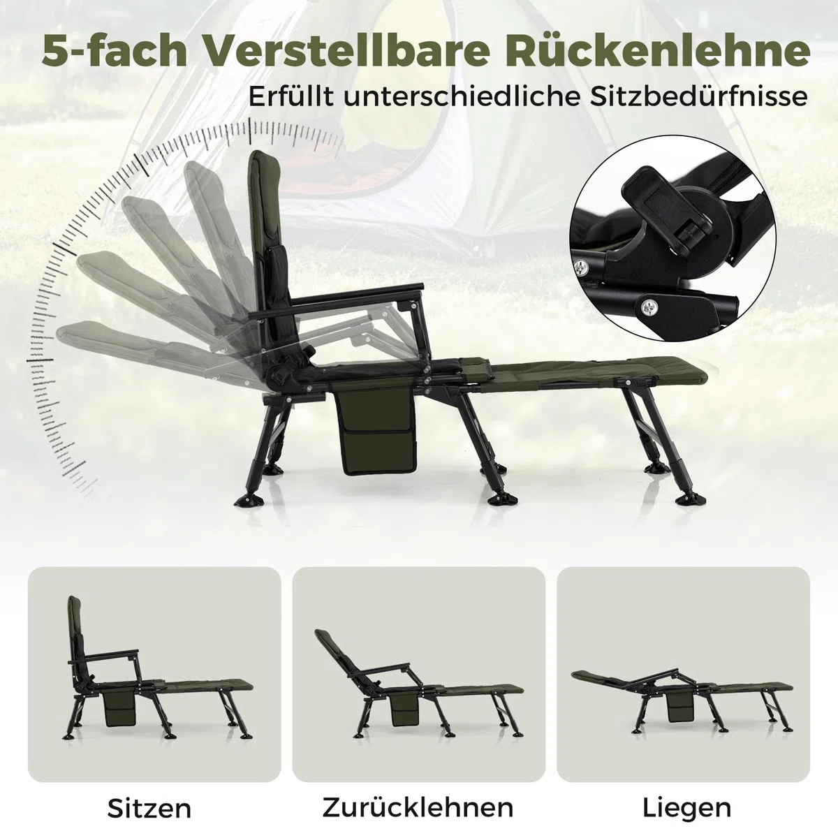 COSTWAY Angelstuhl mit Abnehmbarer Fußablage, Campingstuhl mit Verstellbarer Rückenlehne & gepolsterter Hochlehne, Karpfenstuhl höhenverstellbar, Faltbarer Fischerstuhl für Camping, Angeln, Zelten