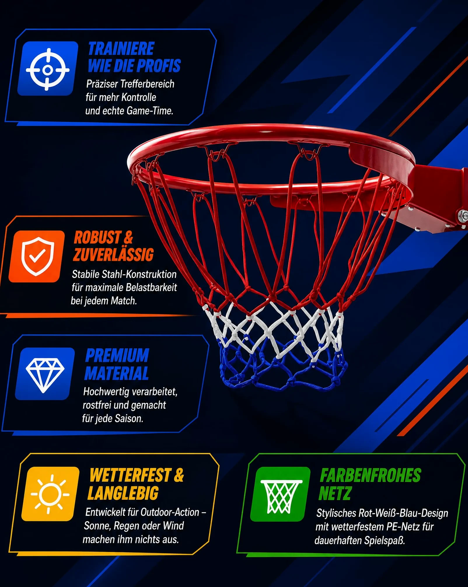 molti Basketballkorb Outdoor Wandmontage Ø 45 cm Basketballring mit Netz Kipp-Mechanismus mit zertifizierten Federn kippbarer Basketball