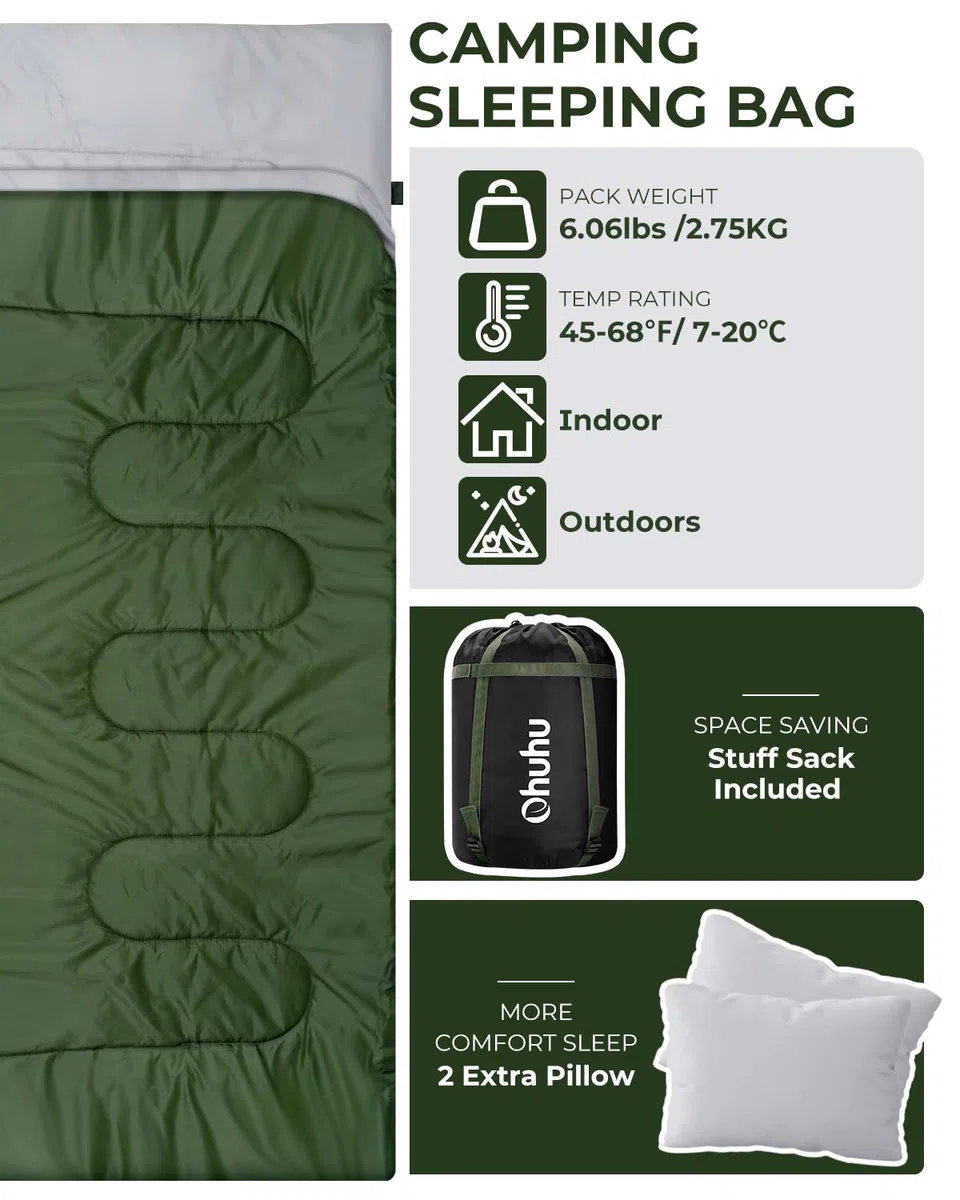 Ohuhu Doppelschlafsack, Schlafsack 2 Personen 220x150cm Schlafsack Outdoor mit 2 Kissen Deckenschlafsack für Camping, Wandern, Familie & Festival