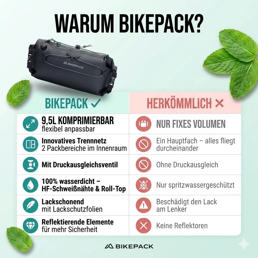 BIKEPACK Lenkertasche Fahrrad 9,5 L wasserdicht – Bikepacking-Rolle mit Innentrennung & Handyfach – Gravel, Rennrad, MTB, E-Bike