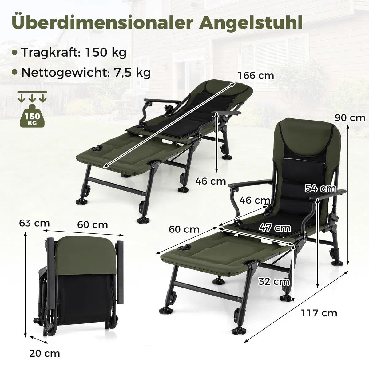 COSTWAY Angelstuhl mit Abnehmbarer Fußablage, Campingstuhl mit Verstellbarer Rückenlehne & gepolsterter Hochlehne, Karpfenstuhl höhenverstellbar, Faltbarer Fischerstuhl für Camping, Angeln, Zelten