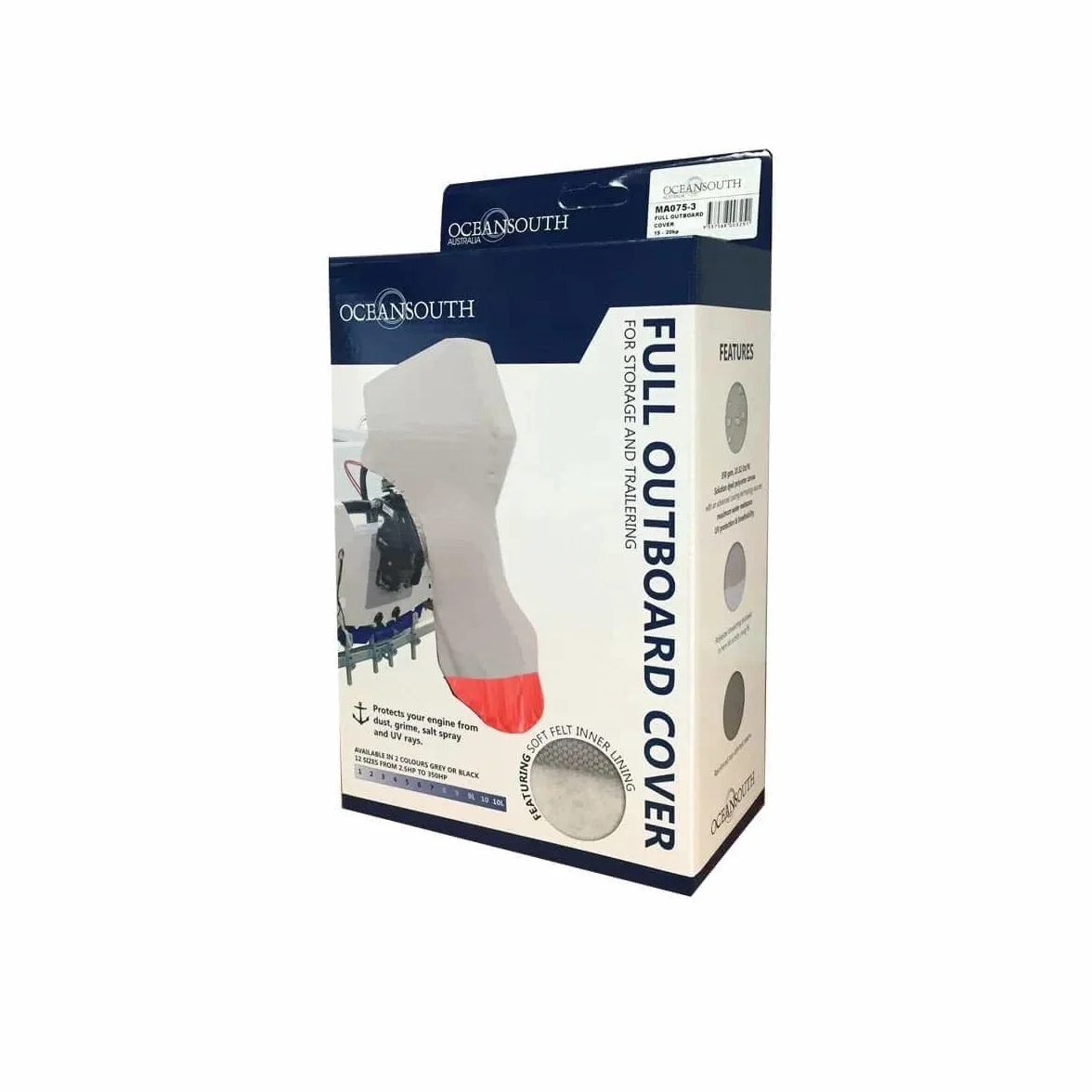 Oceansouth Universal-Vollabdeckung für Außenbordmotoren – 9,9–30 PS, Schwarz, Atlas Marine-Polyester 340 g/m², Wasserabweisend, UV-beständig, Reißverschluss mit Kordelzug