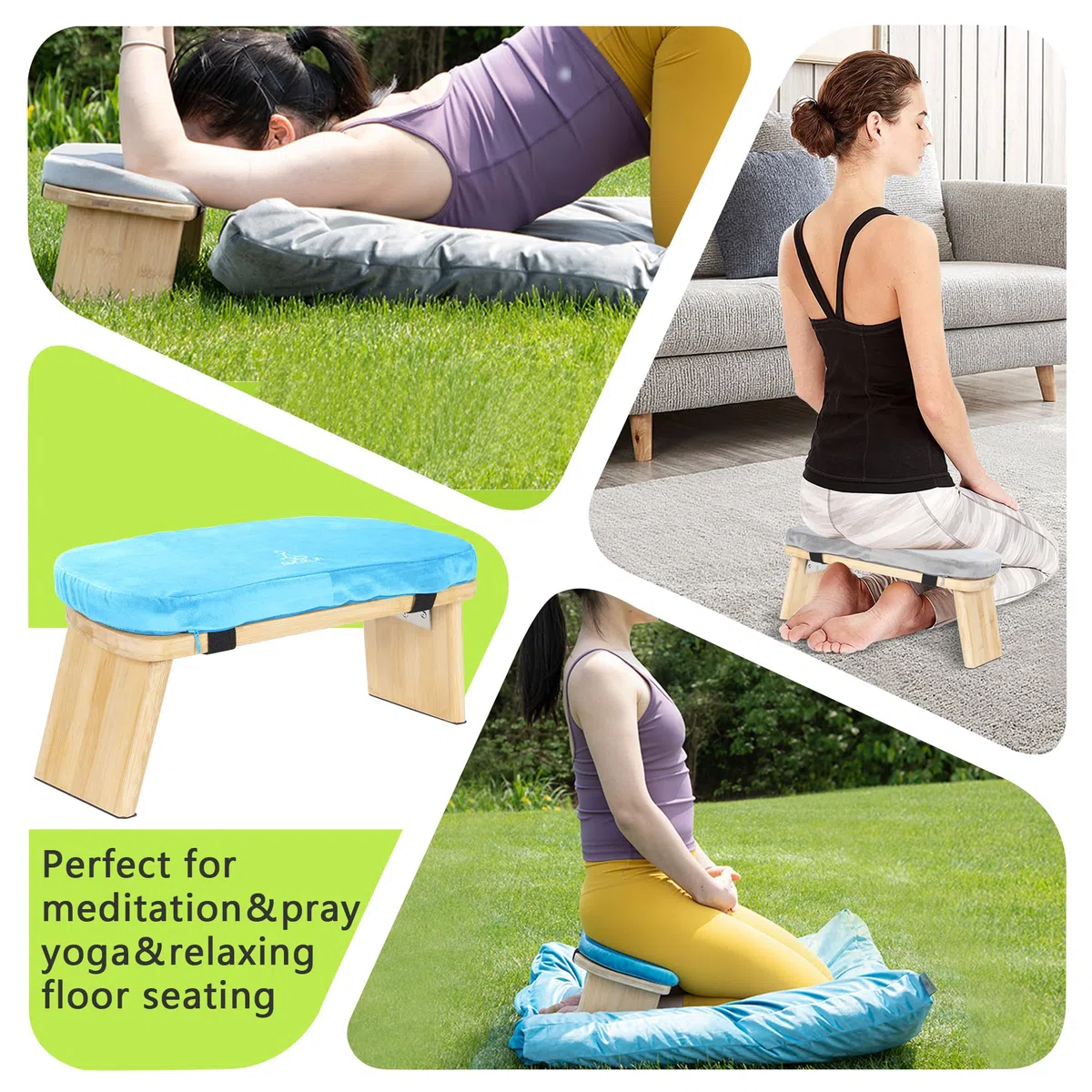 Meditationsbank Klappbar, Ergonomischer Bambus Yoga Hocker, Meditationshocker mit Kissen, Tragbarer Meditationsstuhl mit Tragetasche zum Knien, Gebet, Fortgeschrittene Praxis