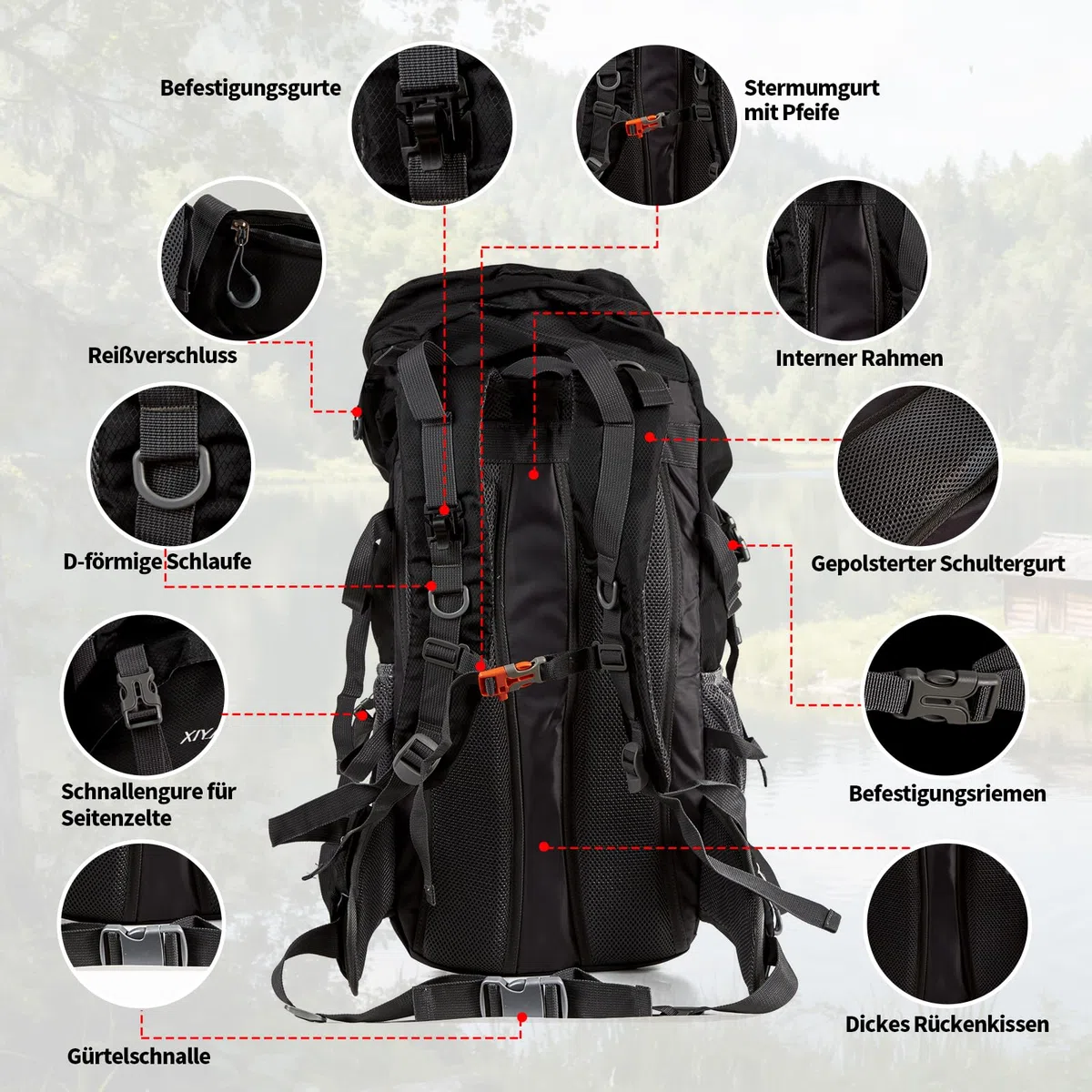 Wanderrucksack 60L Wasserdicht mit Regenhülle – Trekkingrucksack mit Tragesystem, Trinksystem-Kompatibilität, Schuhfach, Leicht & Ergonomisch für Camping, Wandern & Mehrtagestouren (Schwarz)