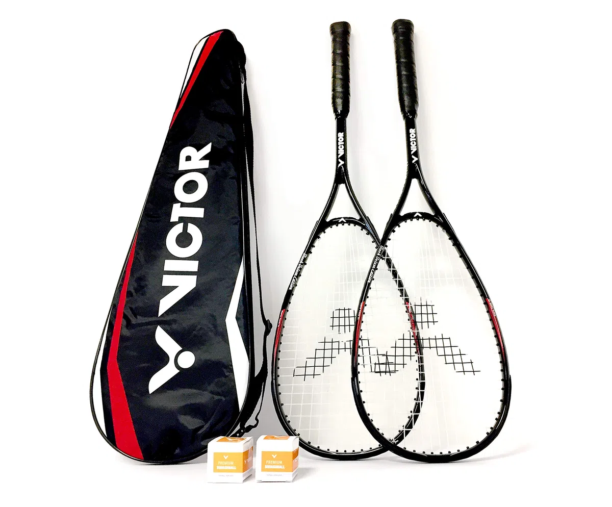 VICTOR Squashset: 2X VICTOR Squashschläger Magan Core Black Deluxe Edition + 2 Squashbälle + 1 Schlägertasche; erhältlich áuch als Einzelschläger