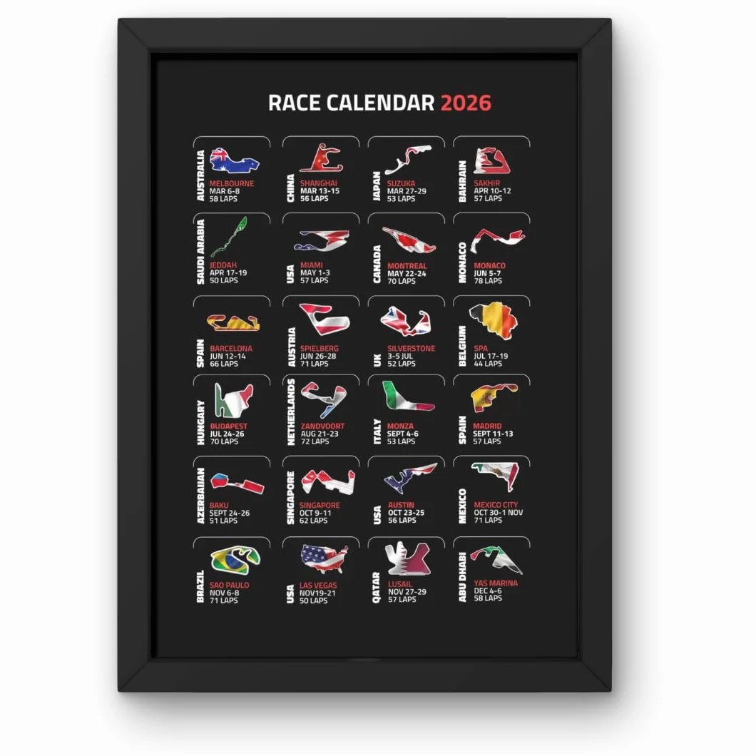 Lap Legends 2026 Rennplan-Druck in A4 schwarzem Rahmen, Geschenk für F1-Fans (schwarz)