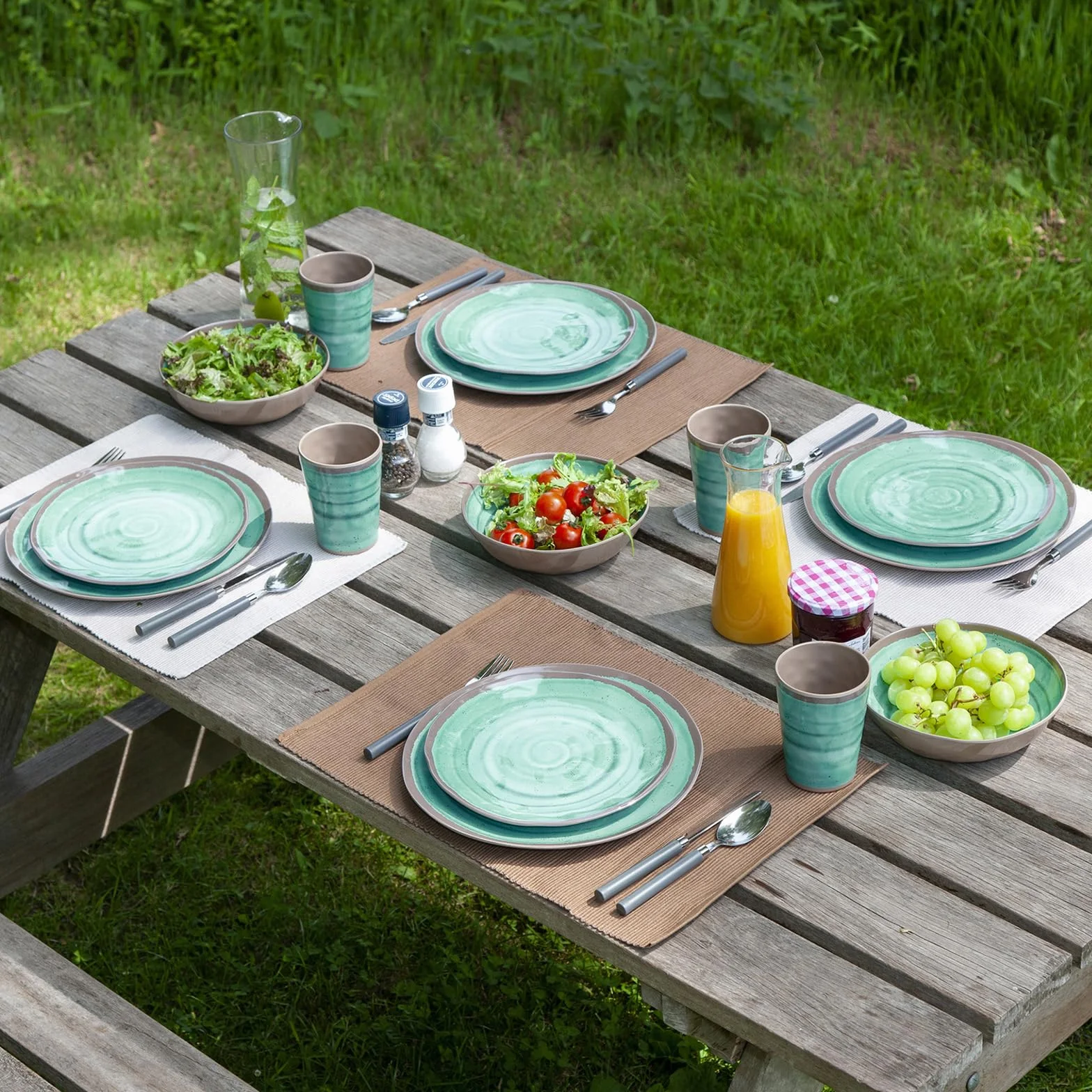 BO-Camp - Geschirr - 100% Melamin - 12-teilig - Halo - Aqua/Terrakotta
