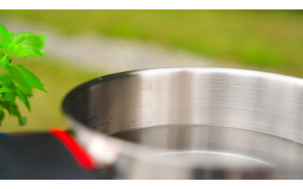 BERGER RedSilva Topfset Induktion 6-tlg. | Camping Kochgeschirr-Set aus Edelstahl | Kochtopf Set Outdoor mit Glasdeckel & klappbaren Griffen | Picknick Topf Geschirrset stapelbar