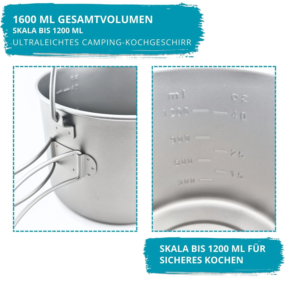 Titan Topf 1600 ml – ultraleichtes Camping Kochgeschirr, robuster Outdoor Kochtopf mit faltbaren Griffen für Trekking, Bushcraft & Reisen mit Beutel