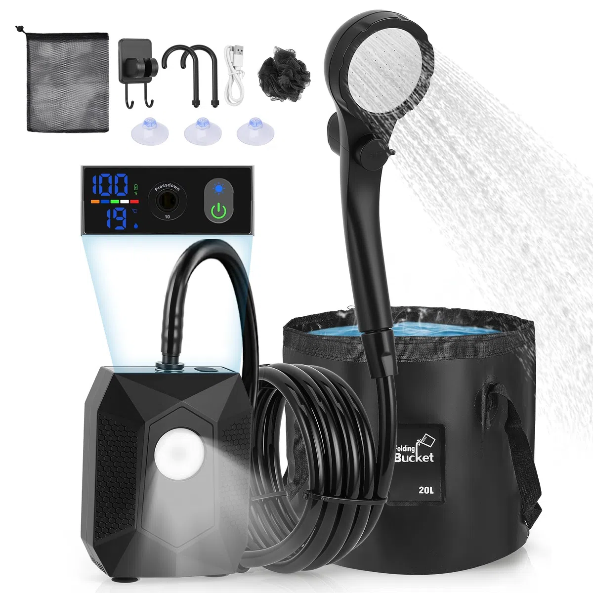 Tragbare Campingdusche, 6000 mAh Outdoor-Duschpumpe mit 4 Beleuchtungsmodi, IPX8, 5 Sprühmodi, Duschpumpen-Set mit 20L Faltkanister für Strand, Wandern, Haustiere & Auto