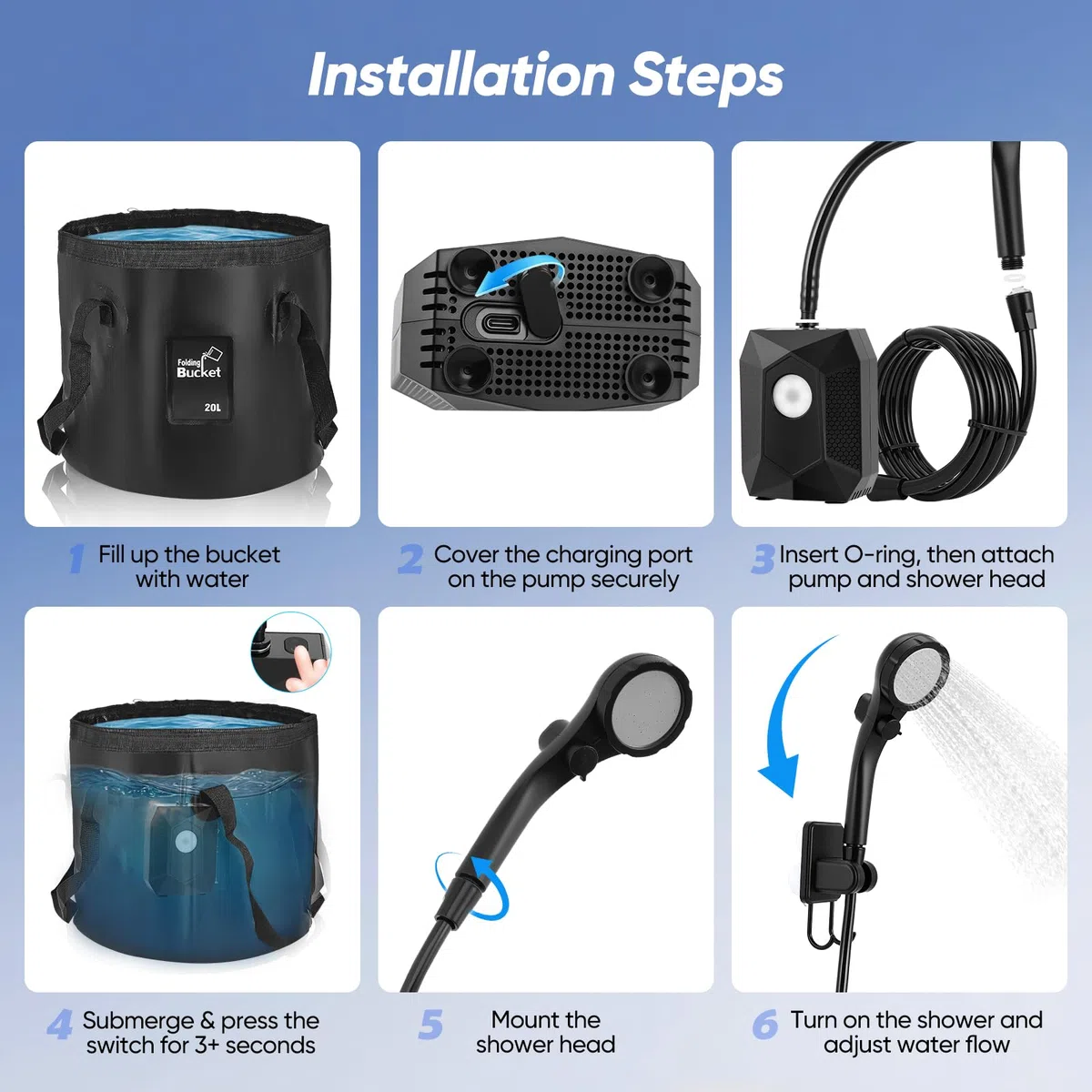 Tragbare Campingdusche, 6000 mAh Outdoor-Duschpumpe mit 4 Beleuchtungsmodi, IPX8, 5 Sprühmodi, Duschpumpen-Set mit 20L Faltkanister für Strand, Wandern, Haustiere & Auto