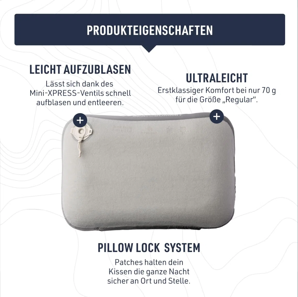 Sea to Summit - Aeros Down Pillow Campingkissen - 70 g - Daunen & Luftkammer Komfort - Xpress-Ventil - bis 12 cm Höhe - rutschfest mit PillowLock - für Trekking, Camping & Reisen