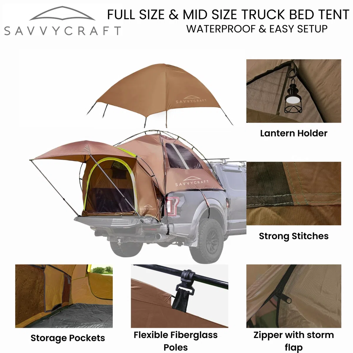 Savvycraft Pickup-LKW-Zelt für LKWs in voller Größe und mittlerer Größe, kurzes Bett und langes Bett, wasserdicht, P3000 mm, 2-Personen-Doppelschicht-LKW-Bett, Campingzelt, erweiterbare Markise