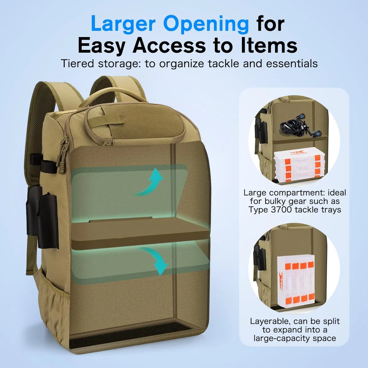 Angeltasche mit Rutenhaltern, 900D Oxford Wasserabweisend Angel Rucksack Angelrucksack mit verstellbarem Fach, 40L Angeltaschen für Salzwasser- Süßwasserfischen Angeltasche Wandern Camping Trekking
