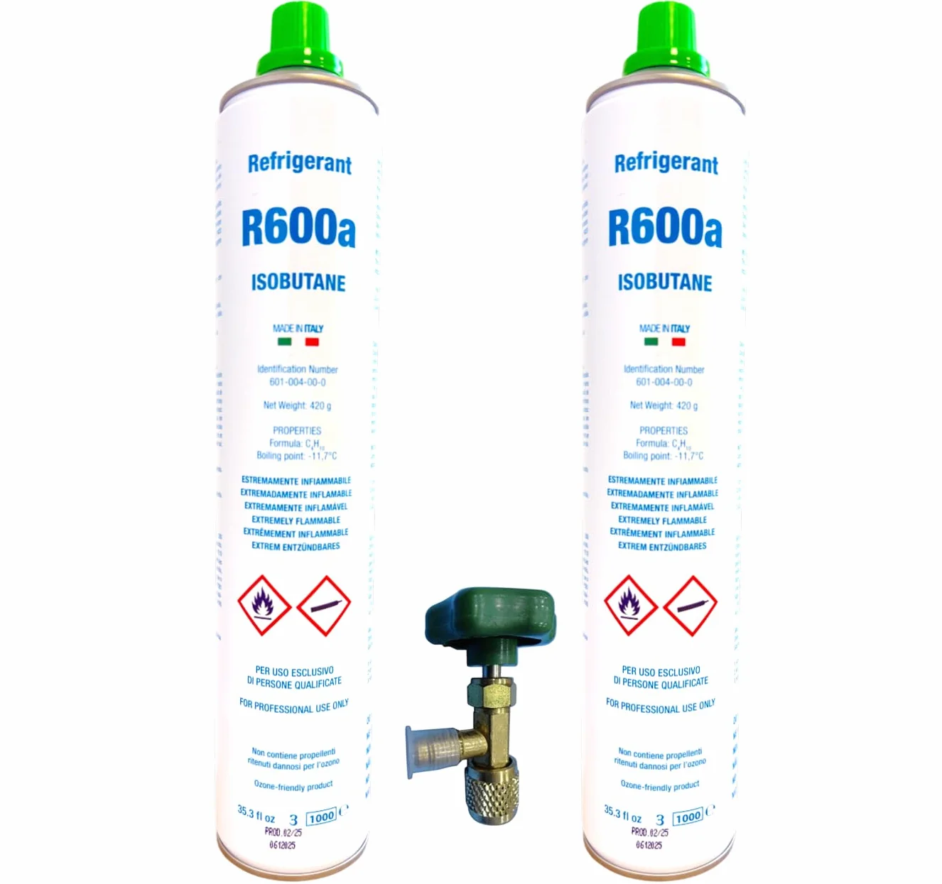 2 x Kühlgas R600a Isobutan | 840 g Neto Total (2 x 420 g) | für Kühlschrank und Gefriergeräte | Nachfüllset mit Service-Ventil | ökologisches Gas HC