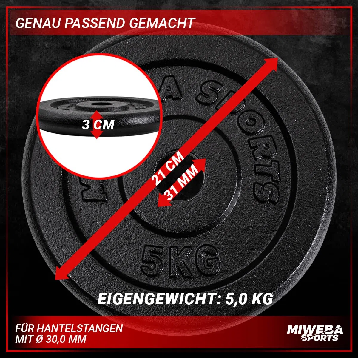 Miweba Sports Hantelscheiben Set HSG | 𝐏𝐫𝐨𝐟𝐢 Hanteln - 1.25-10.0 Kg Hantelscheibe - Hantel Scheiben - Gusseisen Gewichte - Ø 30/31 mm - Hantelset - Gewichtsscheiben - Hantelgewicht