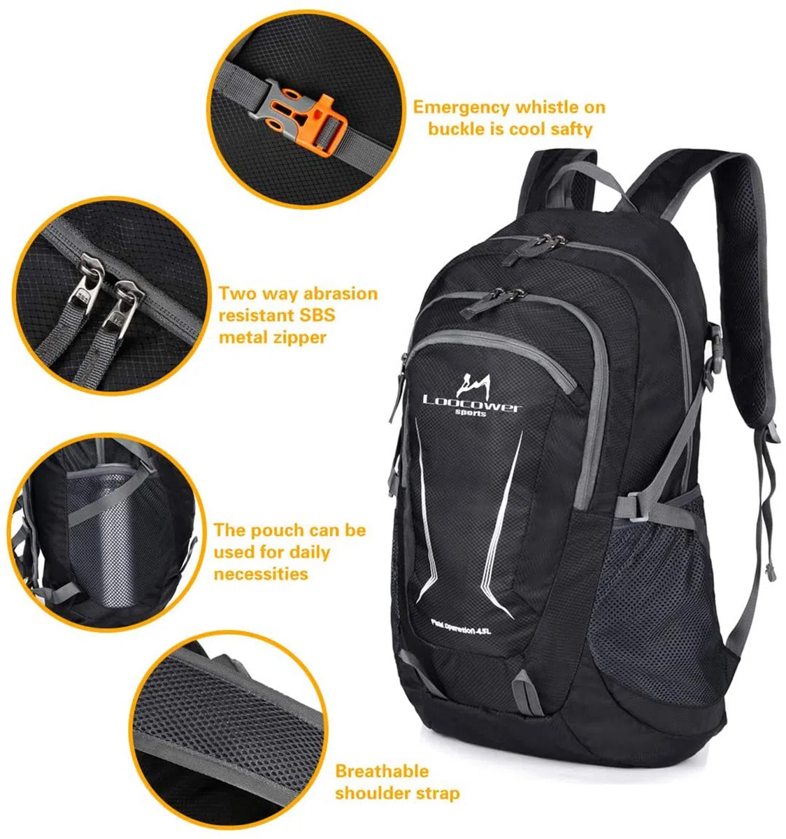 45L Leichte Packable Reiserucksack Wanderrucksack, Multifunktionale Tagesrucksack, Faltbare Camping Trekking Rucksäcke, Utra Leicht Outdoor Sport Rucksäcke Tasche - Black