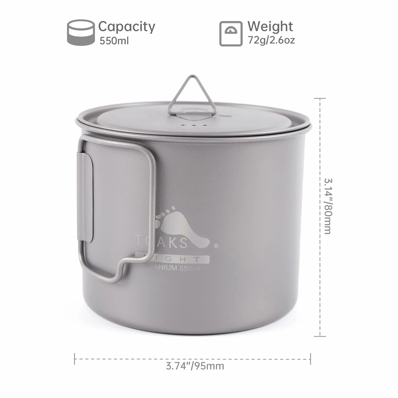 Ultraleichter Titan-Kochtopf von Toaks, TOA-POT-550-L, 550
