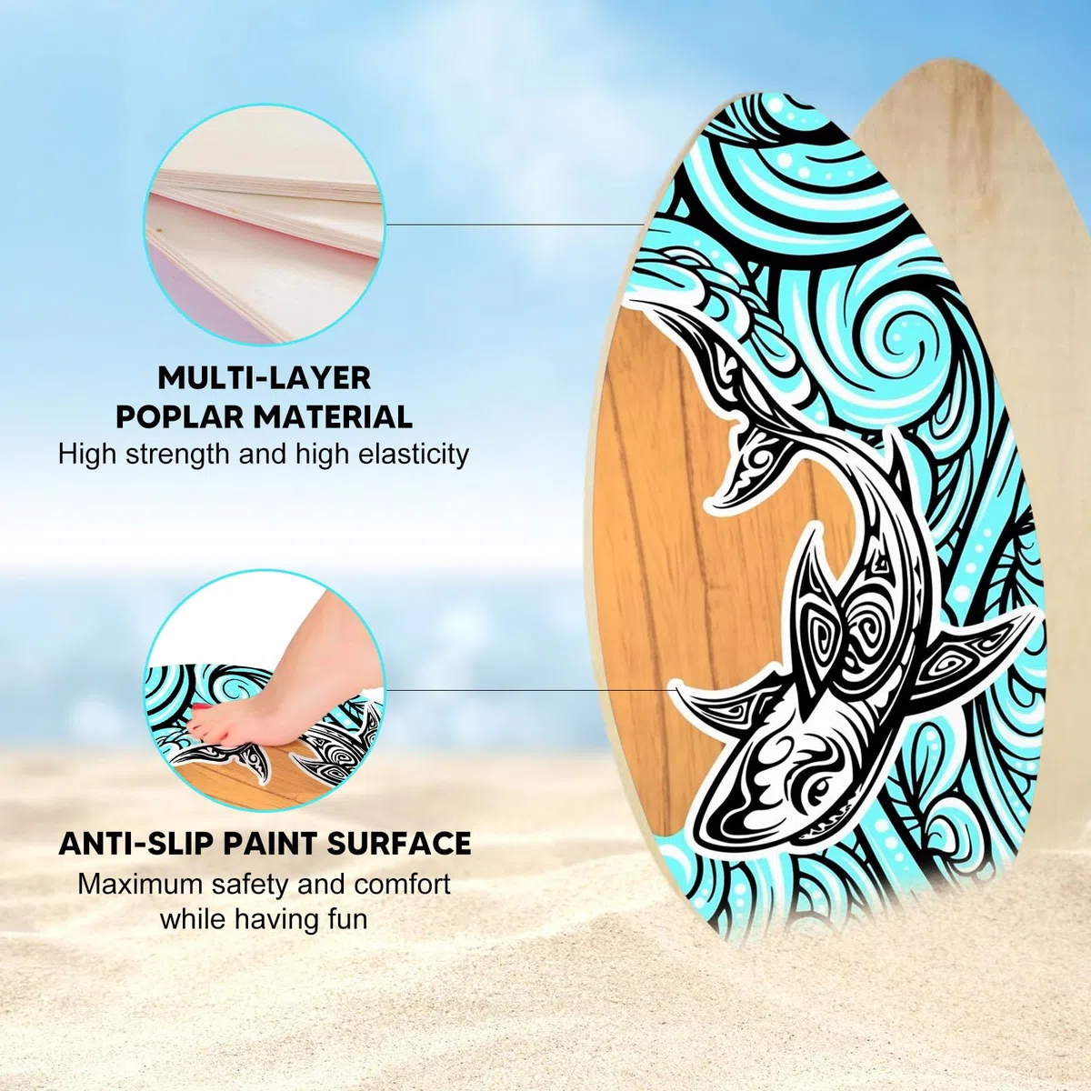 kowaku Skimboard Kleines Surfbrett, Skimboarding, Holz-Skimboard, Surfbrett Universal Strandspielzeug für Kinder, Teenager, Jungen, Mädchen, Männer, Frauen, Anfänger, 41 Zoll Stil d
