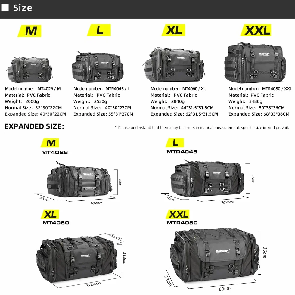 Rhinowalk Erweiterbare Motorrad-Hecktasche – Wasserdicht 60-80L | Robust und Vielseitig für Touring- und Straßenmotorräder