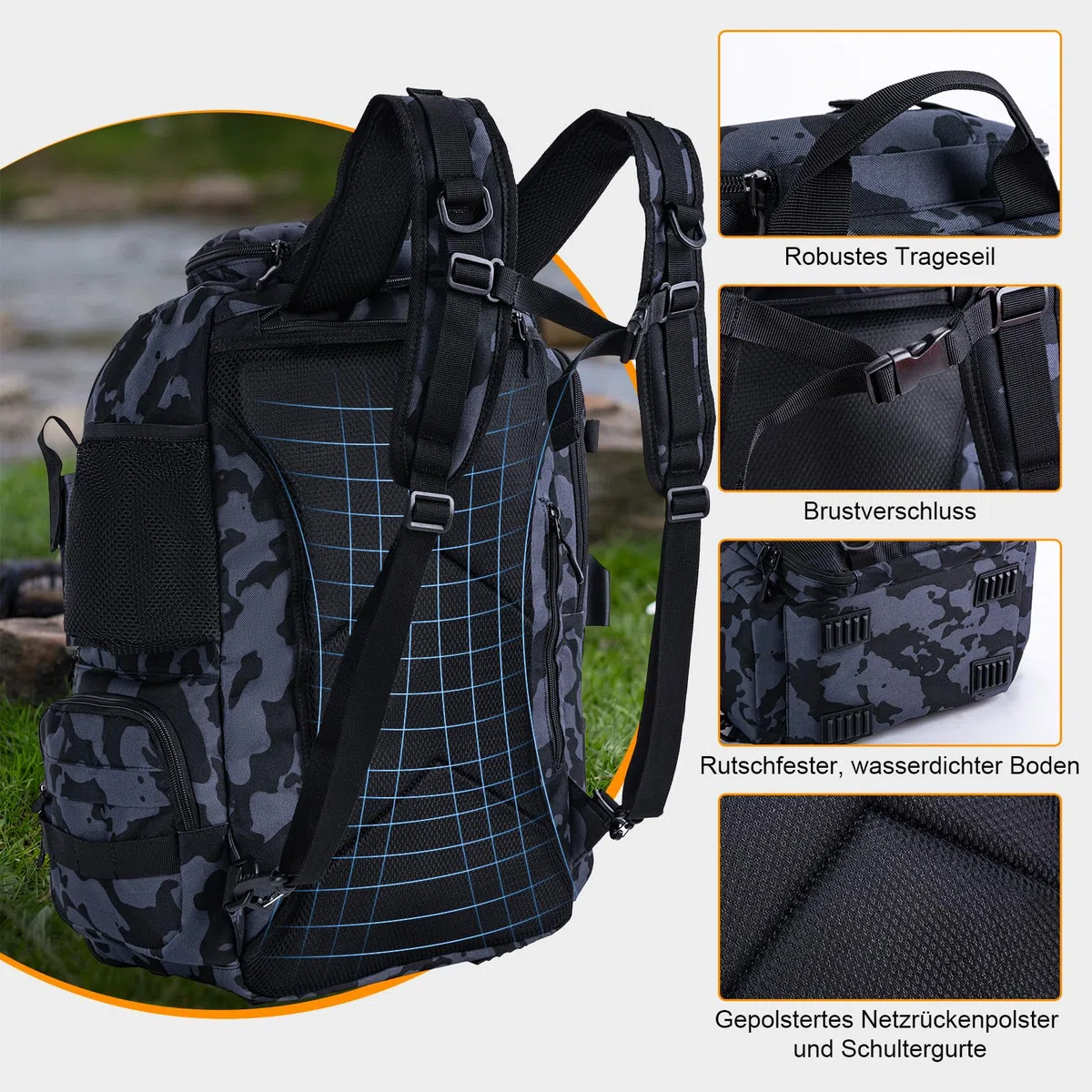Goture Angelrucksack mit Kühltasche, 40-Liter Angelzubehör-Rucksack mit Zwei Rutenhaltern, 900D Oxford-Gewebe Wasserabweisende Angelgerätetasche mit verstellbarem Fach