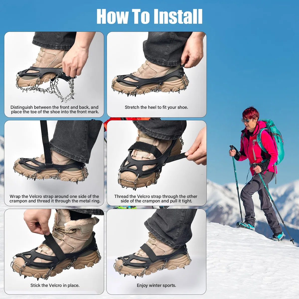 Steigeisen für Bergschuhe mit 24 Zähne, Spikes für Wanderschuhe,Verdickte Schuhkrallen aus Edelstahl,für Walking, Joggen, Klettern und Wandern (M)