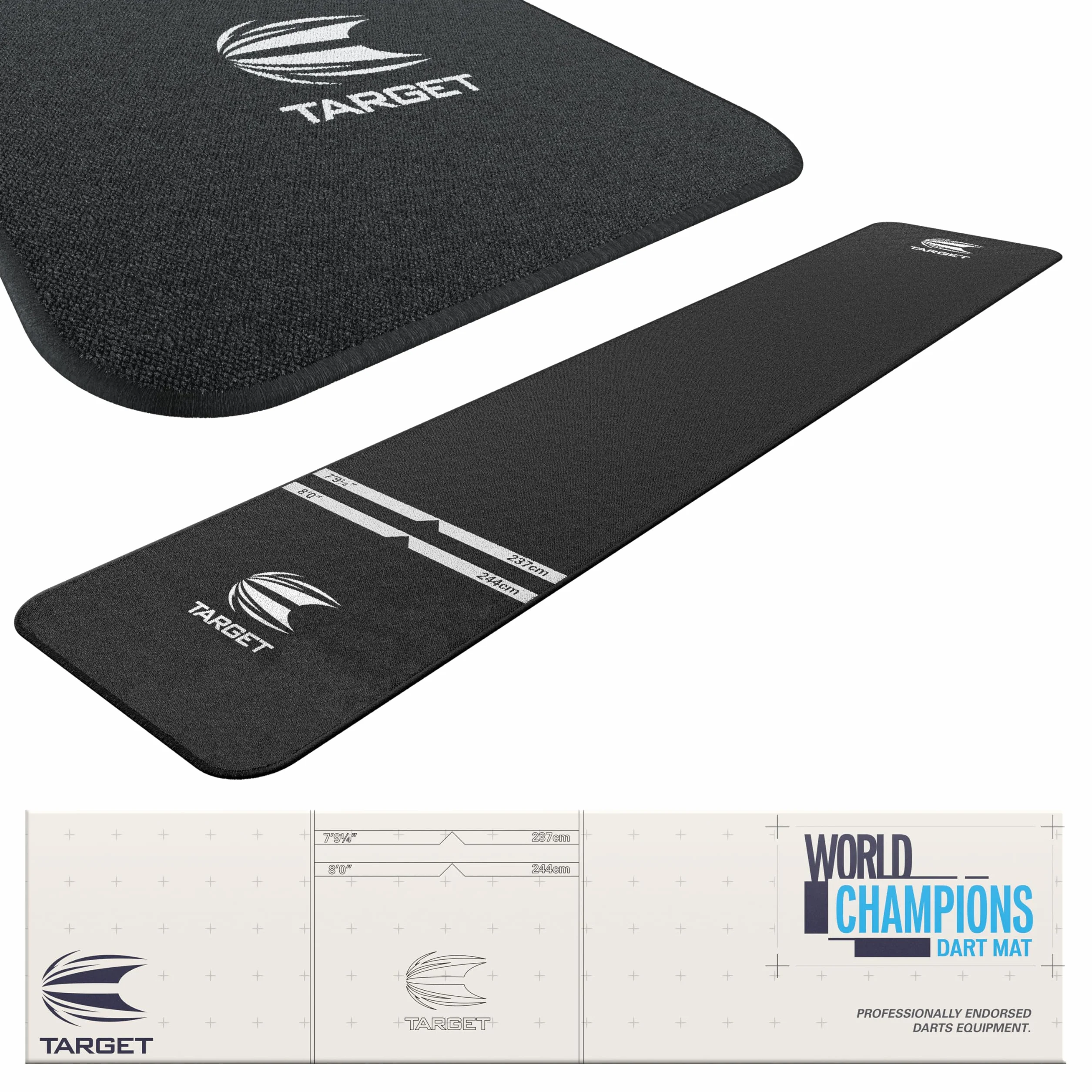 Target Darts World Champion Dart-Matte | Dart Oche Matte mit Softdart und Steeldart Wurfabständen | rutschfeste Teppichmatte für Boden und Dartspitzen Schutz | Dart Zubehör