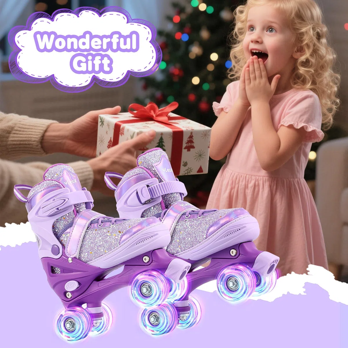 Kinder Rollschuhe, Verstellbare Quad Skates 4 Size Verstellbare und beleuchtete Rollen Rollschuhe für Mädchen Jungen, Geschenk, Drinnen und Draußen