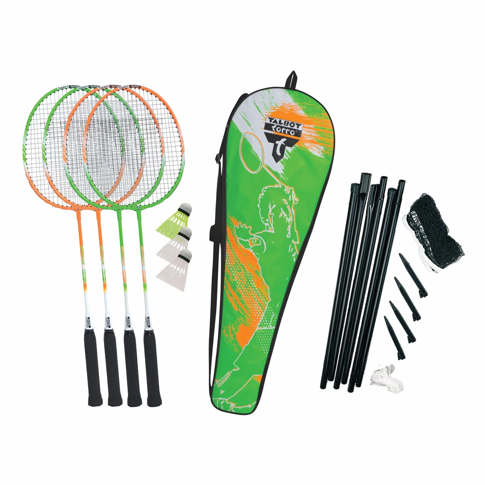 Talbot-Torro Badminton-Set 4-Attacker Plus, Kolmplettset mit 4 Schläger, 3 Federbälle, komplette Netzgarnitur, in wertiger Tasche