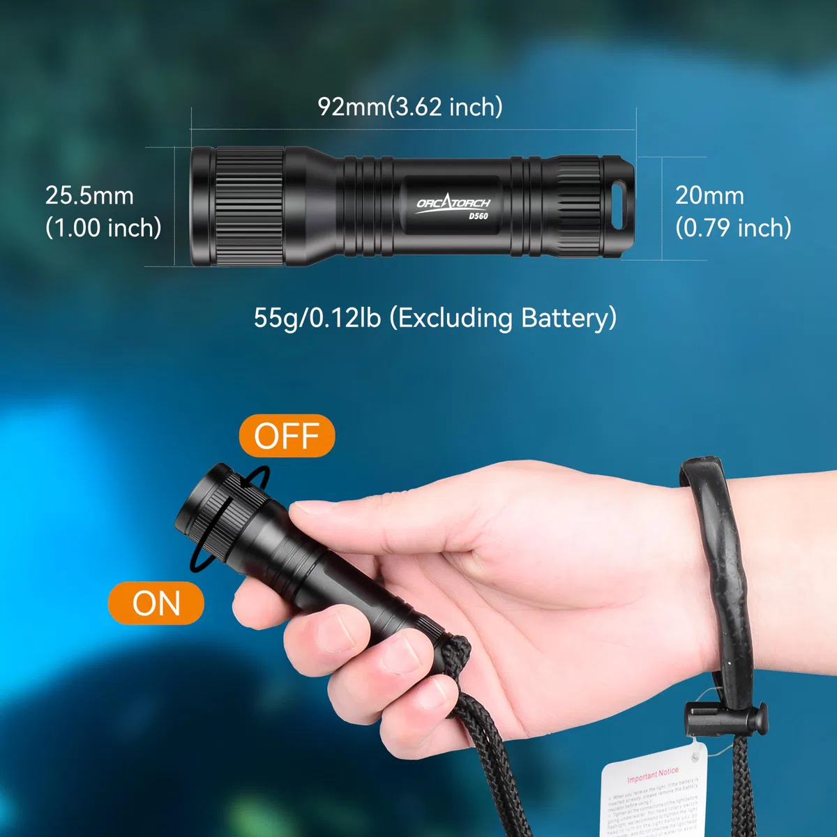 ORCATORCH D560 Mini Tauchlicht Stirnlampe Drehschalter Unterwasser-Taschenlampe mit 360 Grad drehbarem Masken-Clip
