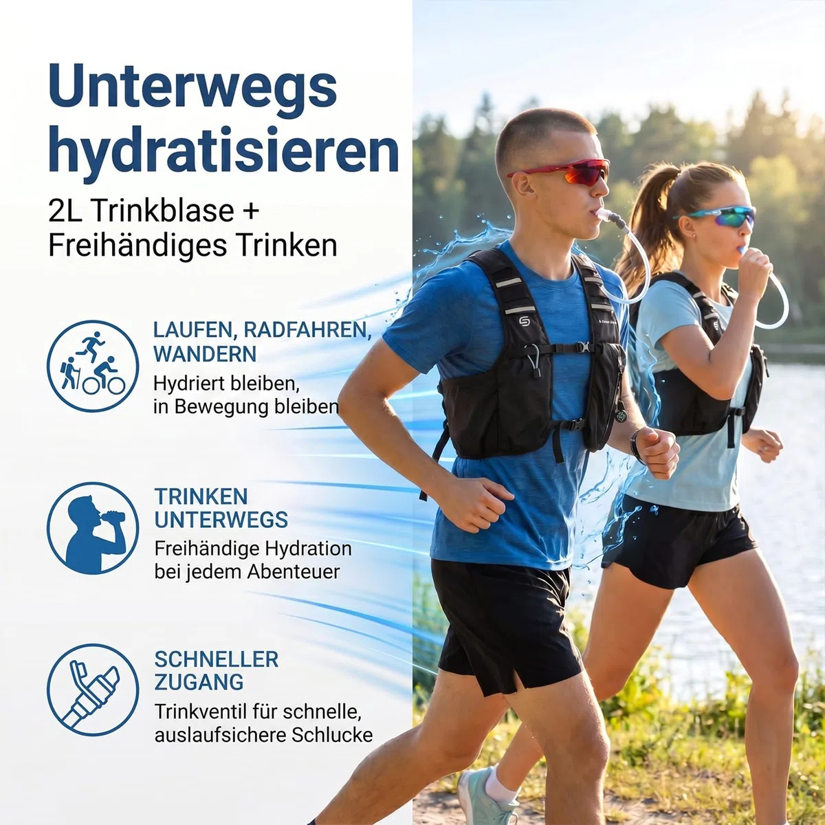 Kühlende Laufweste mit Trinkblase 2L, 10L Trinkrucksack, 3 Kühlpacks, 180 Min Kühlsystem, Reflektierend, für Damen und Herren | 2 l Wasserblase, 3 Kältequellen