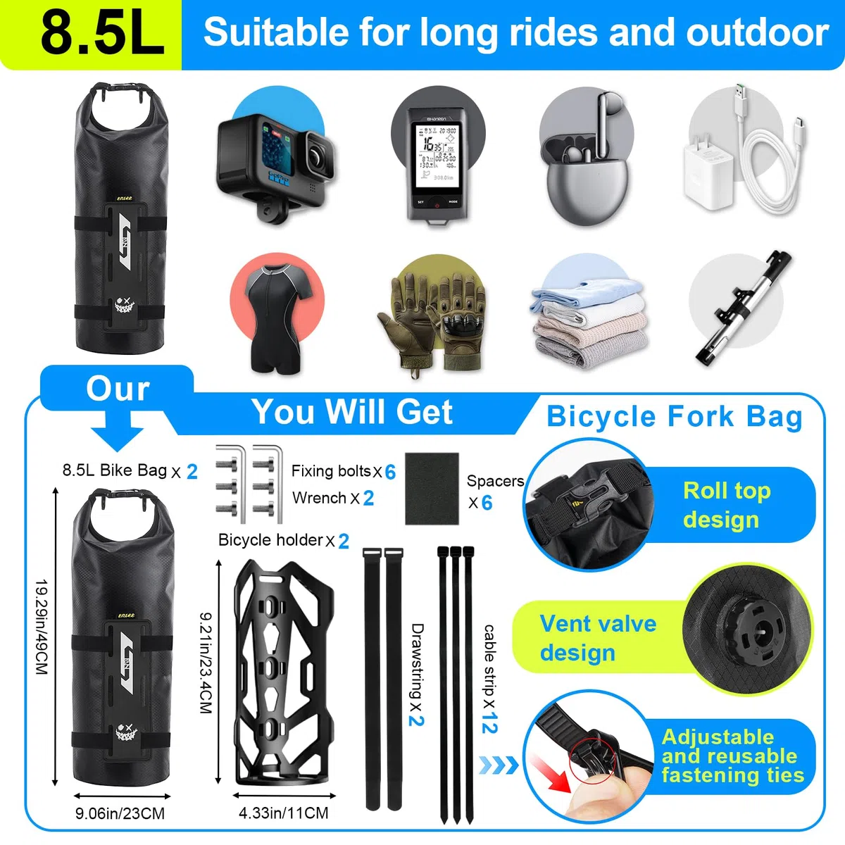 8.5L 2 Stück Gabeltaschen Fahrrad Wasserdicht Fahrradtasche Vorderrad mit Vielseitiger Halterung Rolltop Fahrrad Rahmentasche Bike Bicycle Bag für MTB Rennrad Ebikes Gravelbike Zubehör
